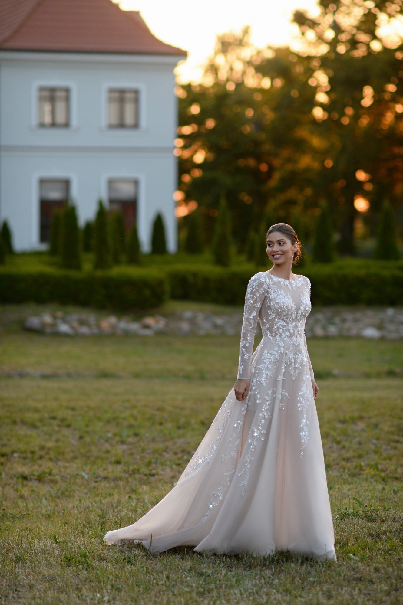 Long sleeve outlet beige wedding dress