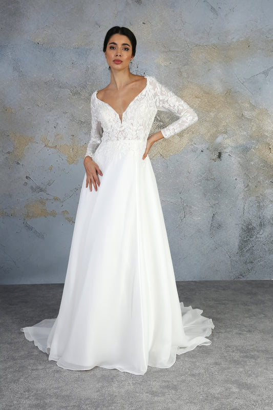 DREW Lace and chiffon A-line gown