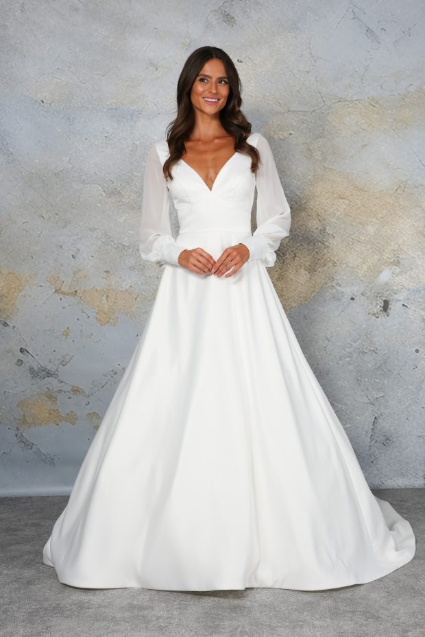 GINA Matte satin A-line gown with long chiffon sleeves