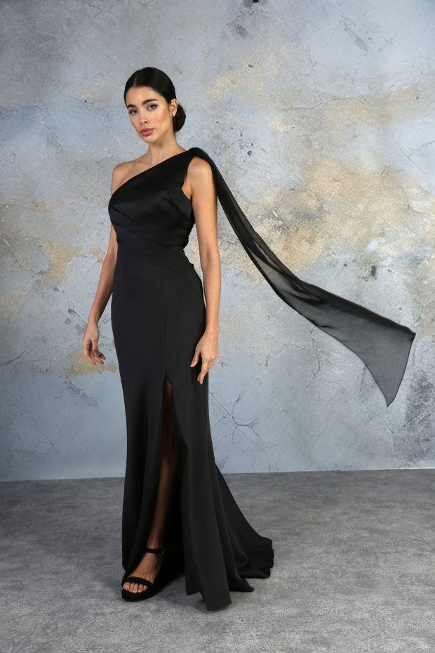 RDM1334 satin & jersey with fly away cape