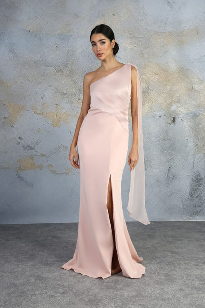 RDM1334 satin & jersey with fly away cape