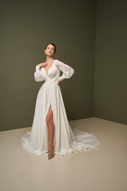 OLIVIYA Chiffon and lace long-sleeve A-line gown