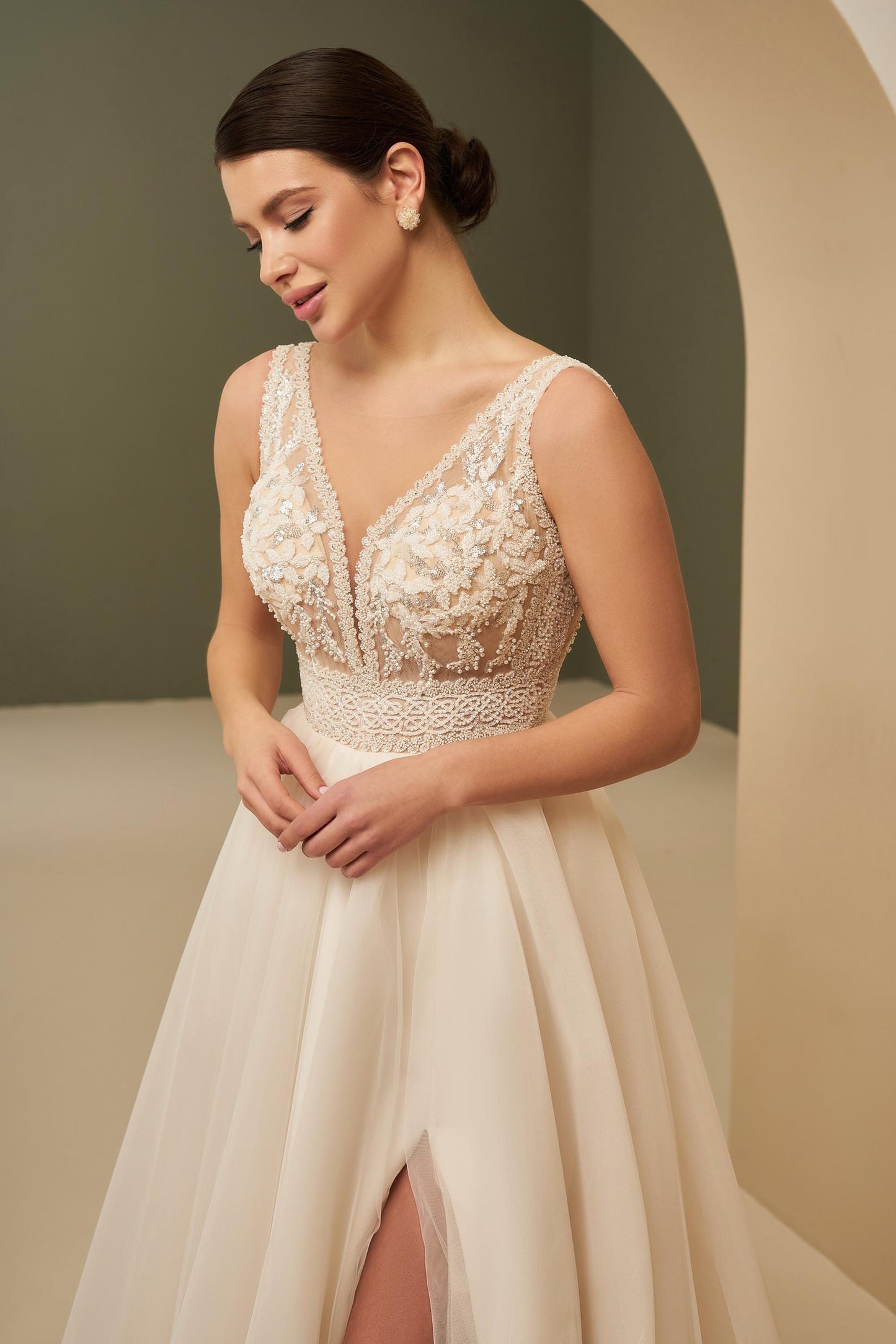 MILANA Lace beaded bodice on pleated A-line skirt