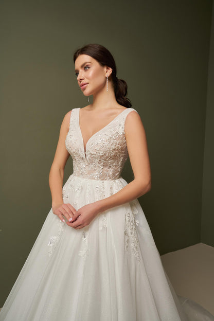 VENICE Beaded lace gown with deep V neckline