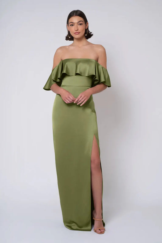 Winter by Jenny Yoo A satin off-the-shoulder gown