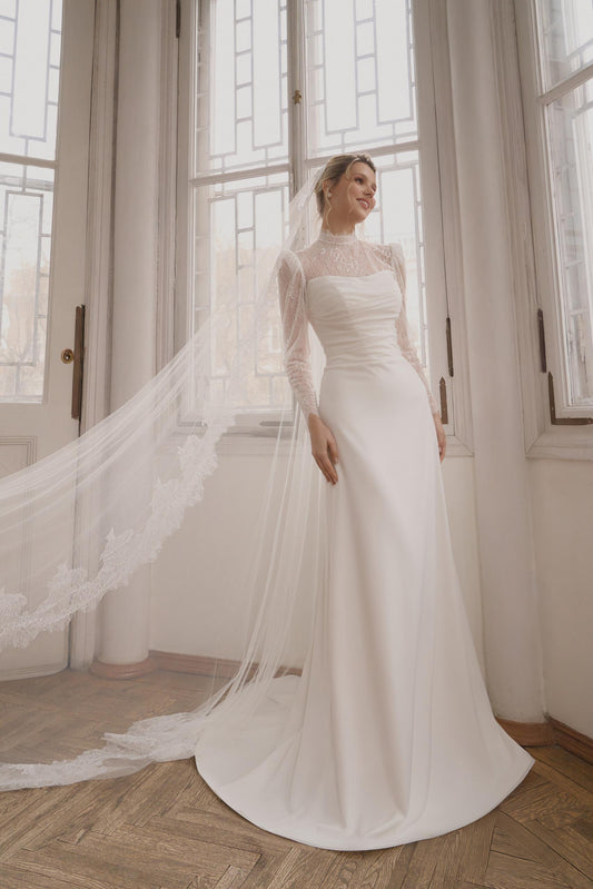 JULIANNA Lace high neckline and long sleeves on a crepe gown