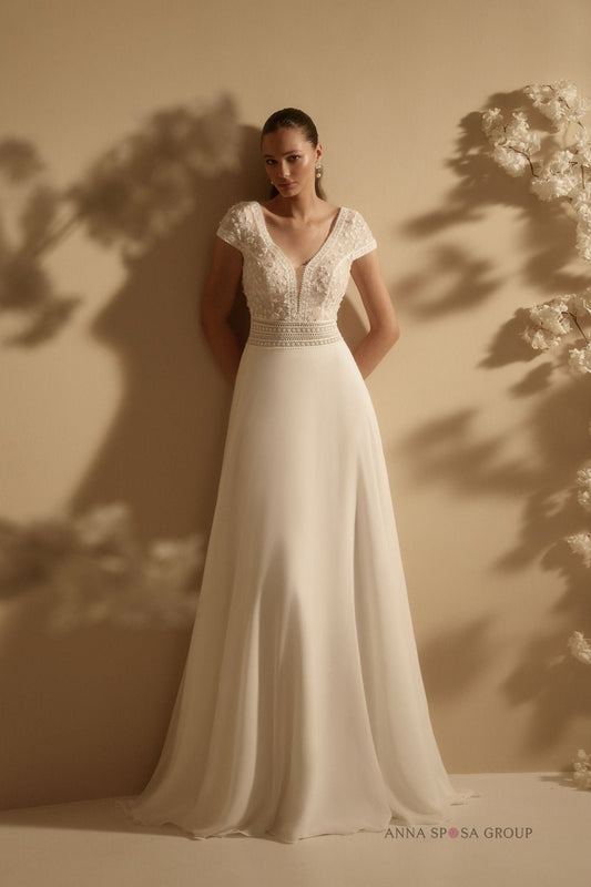 ADRIATA A - line chiffon and lace gown - Reflections Bridal Studio