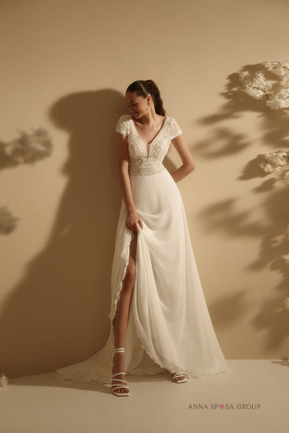 ADRIATA A - line chiffon and lace gown - Reflections Bridal Studio