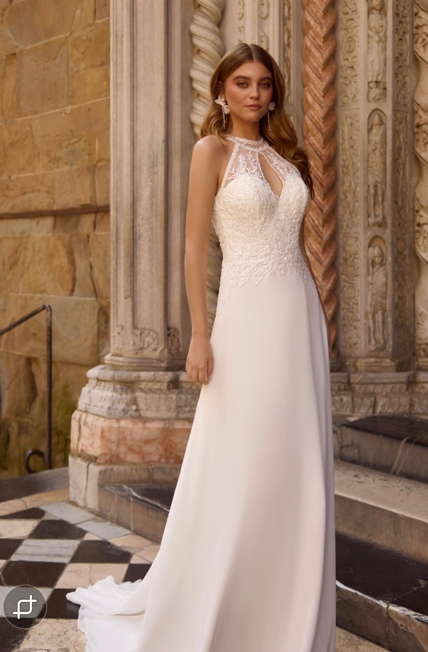 ALETA Beaded Halterneck on an A-line skirt - Reflections Bridal Studio