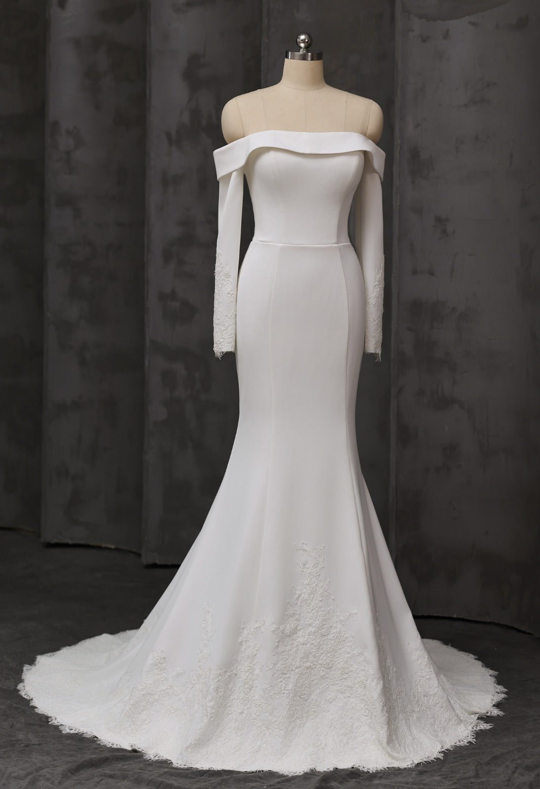 ALEXIS Bardot long sleeve crepe & lace gown - Reflections Bridal Studio