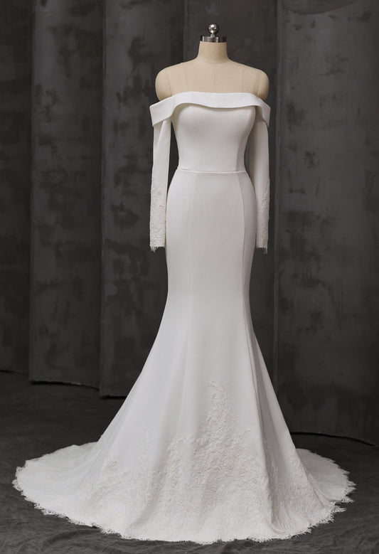ALEXIS Bardot long sleeve crepe & lace gown - Reflections Bridal Studio