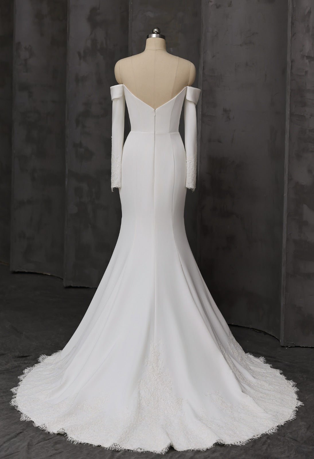 ALEXIS Bardot long sleeve crepe & lace gown - Reflections Bridal Studio