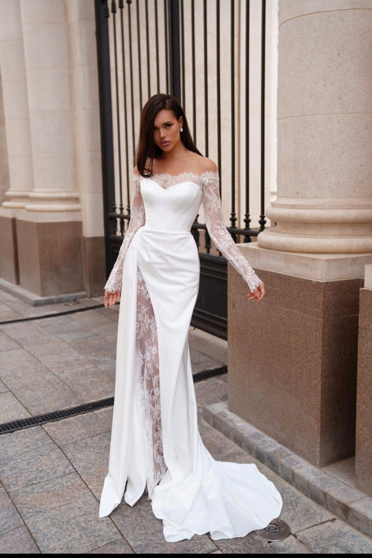 BALENSOI Arriving 17th Oct.Satin gown with eyelash lace bolero - Reflections Bridal Studio