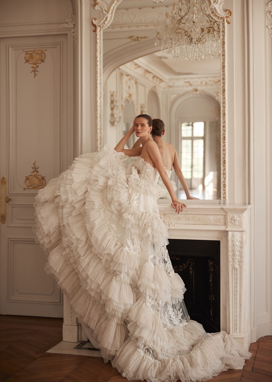 BASSEMA Indulgent layers of ruffles with glitter and lace. Detachable sleeves - Reflections Bridal Studio