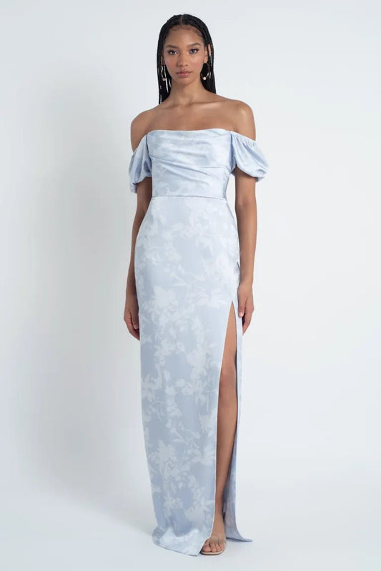 BLAKELY Jenny Yoo Dreamy blue bridesmaid with one or off - the - shoulder sleeves - Reflections Bridal Studio