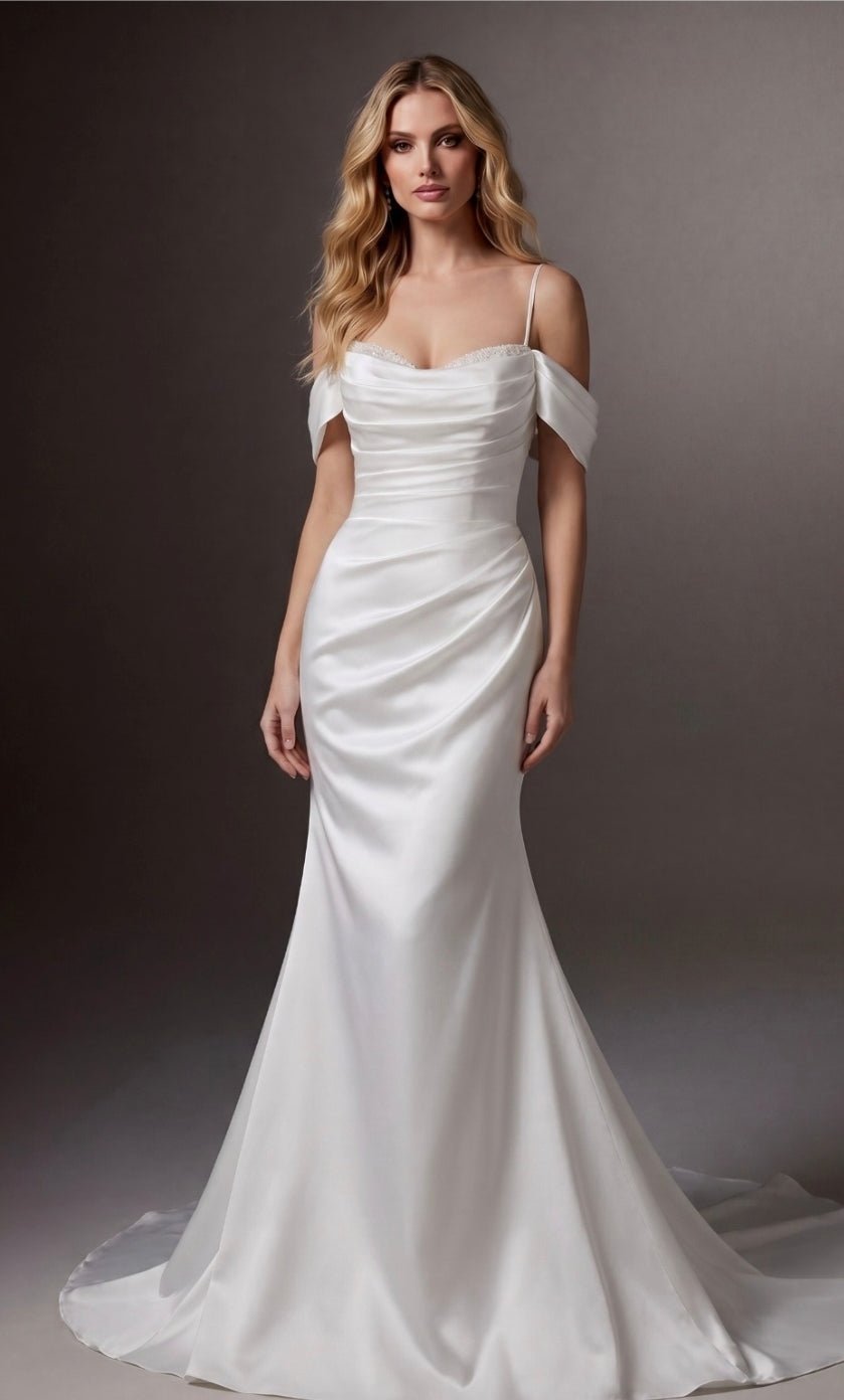 CARRIE Arriving soon. Ruched satin bodice & skirt. Beaded necklineRuched satin bodice & skirt. Beaded neckline - Reflections Bridal Studio