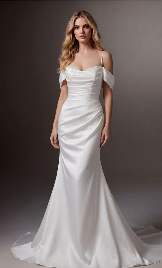 CARRIE Arriving soon. Ruched satin bodice & skirt. Beaded necklineRuched satin bodice & skirt. Beaded neckline - Reflections Bridal Studio