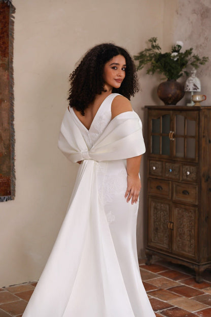 CELESTE Square neckline on a satin fit & flare - Reflections Bridal Studio