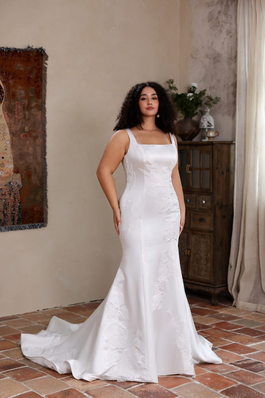 CELESTE Square neckline on a satin fit & flare - Reflections Bridal Studio