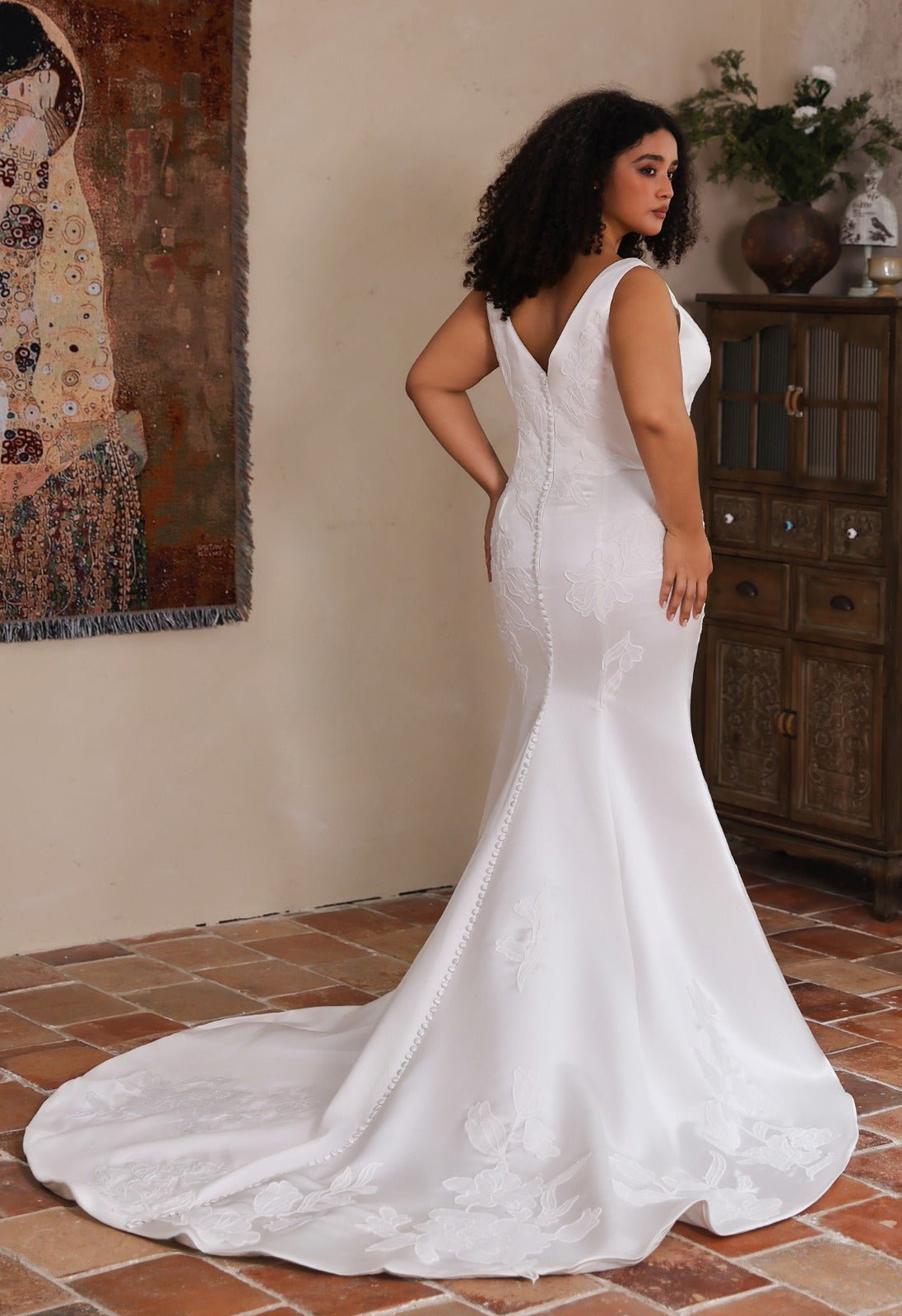 CELESTE Square neckline on a satin fit & flare - Reflections Bridal Studio