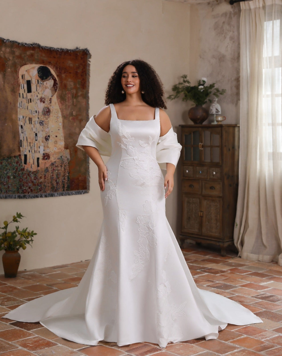 CELESTE Square neckline on a satin fit & flare - Reflections Bridal Studio