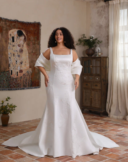 CELESTE Square neckline on a satin fit & flare - Reflections Bridal Studio
