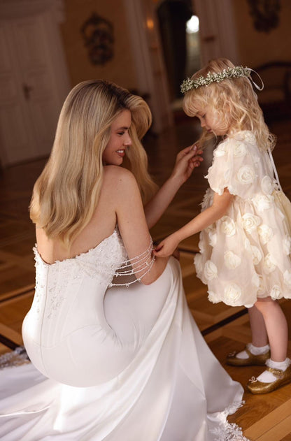 CHRYSORIA Beaded basque sheath gown - Reflections Bridal Studio