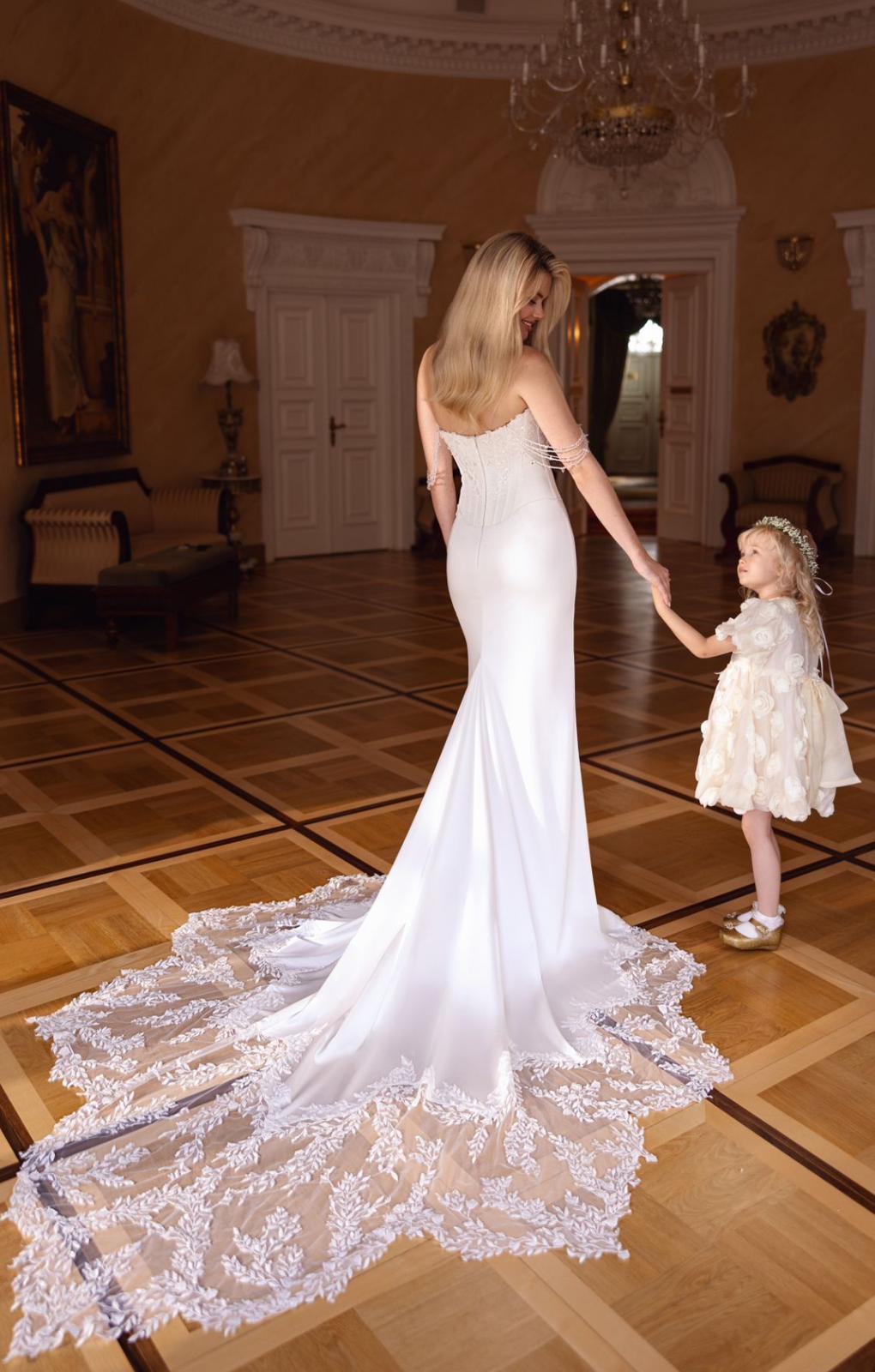CHRYSORIA Beaded basque sheath gown - Reflections Bridal Studio