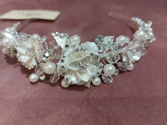 #Crystal And Pearlised Floral Tiara Bridal Headpiece