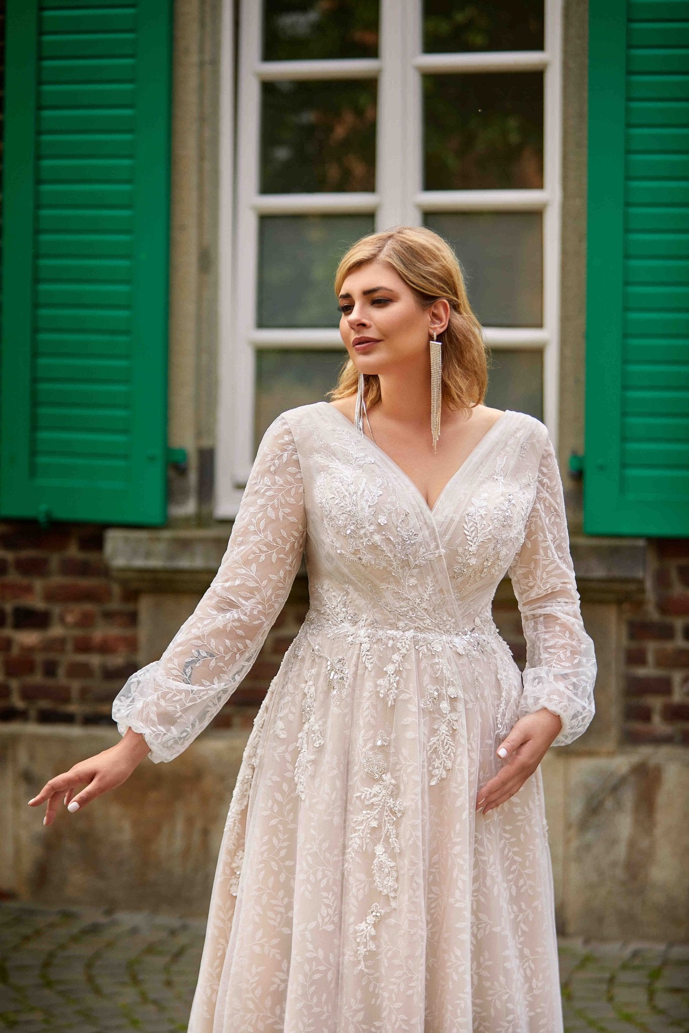 DANIELA Blush A-line long sleeves wrap over bodice - Reflections Bridal Studio