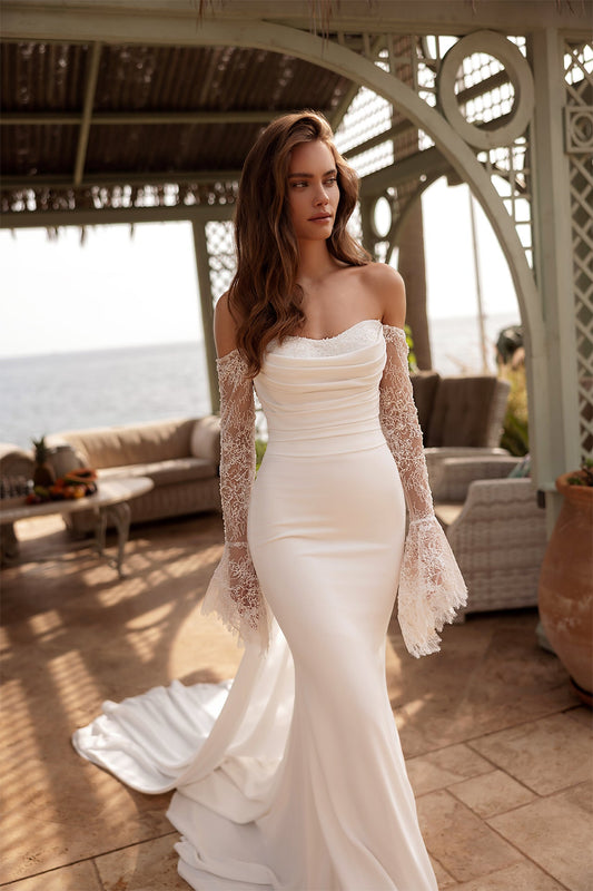 #DELINE Crepe gown with lace details - Reflections Bridal Studio