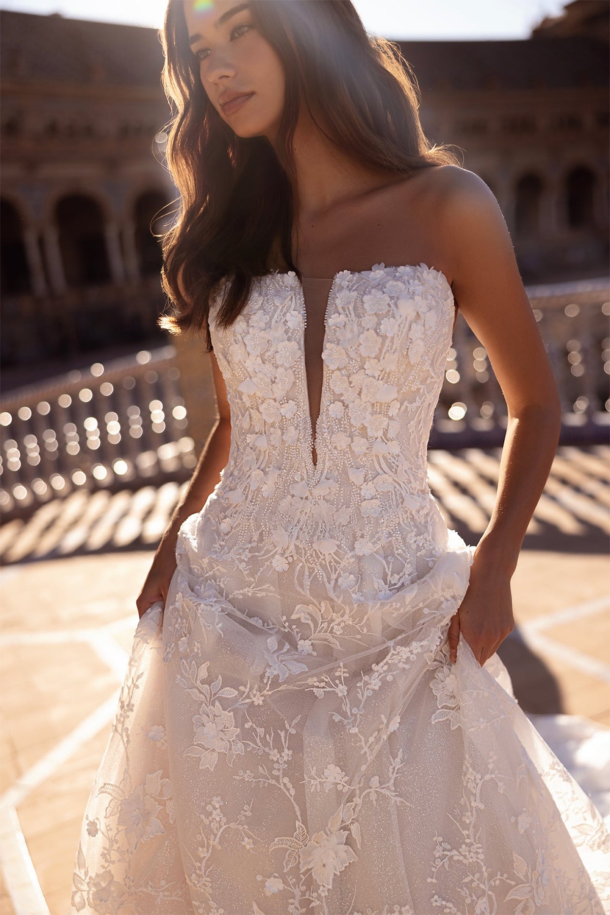 #DELVARA Slim A-line gown with floral 3D lace - Reflections Bridal Studio