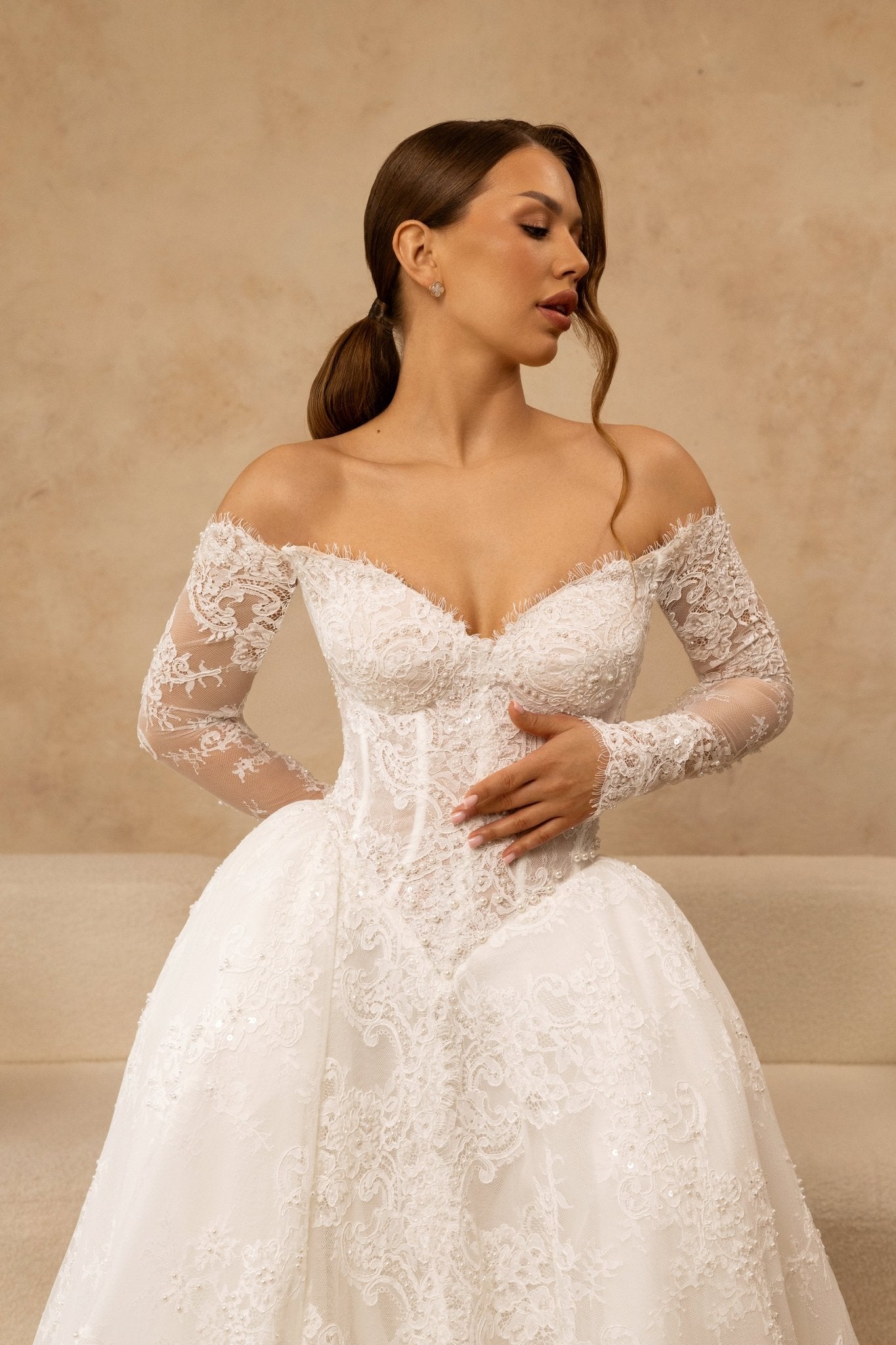 DIANE Full lace ballgown with basque bodice. Detachable sleeves - Reflections Bridal Studio
