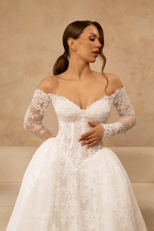 DIANE Full lace ballgown with basque bodice. Detachable sleeves - Reflections Bridal Studio