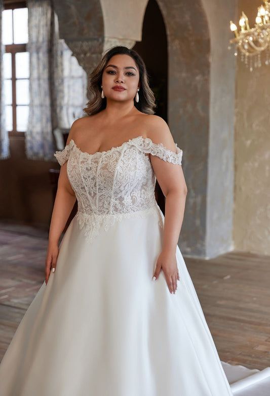 EMILY Lace off - the - shoulder bodice on an A - line skirt - Reflections Bridal Studio