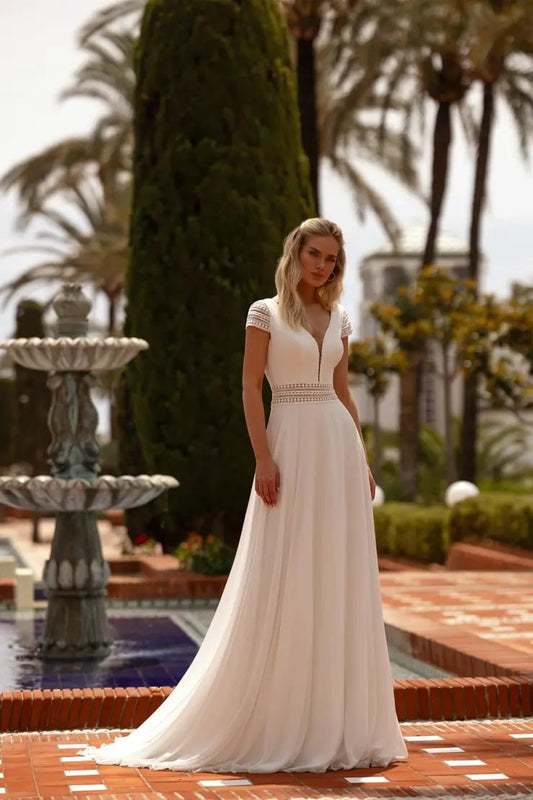 ESPERIA crepe & lace Boho style. Cap sleeve - Reflections Bridal Studio