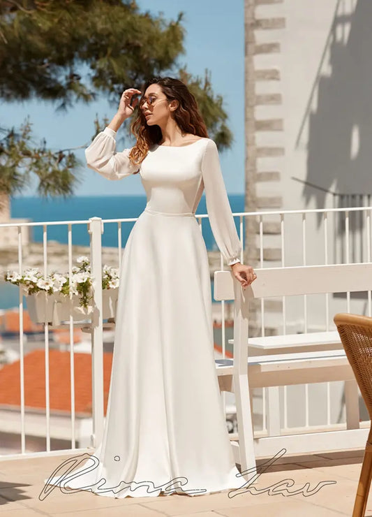 #GRETA A modest and simple wedding dress with long chiffon sleeves