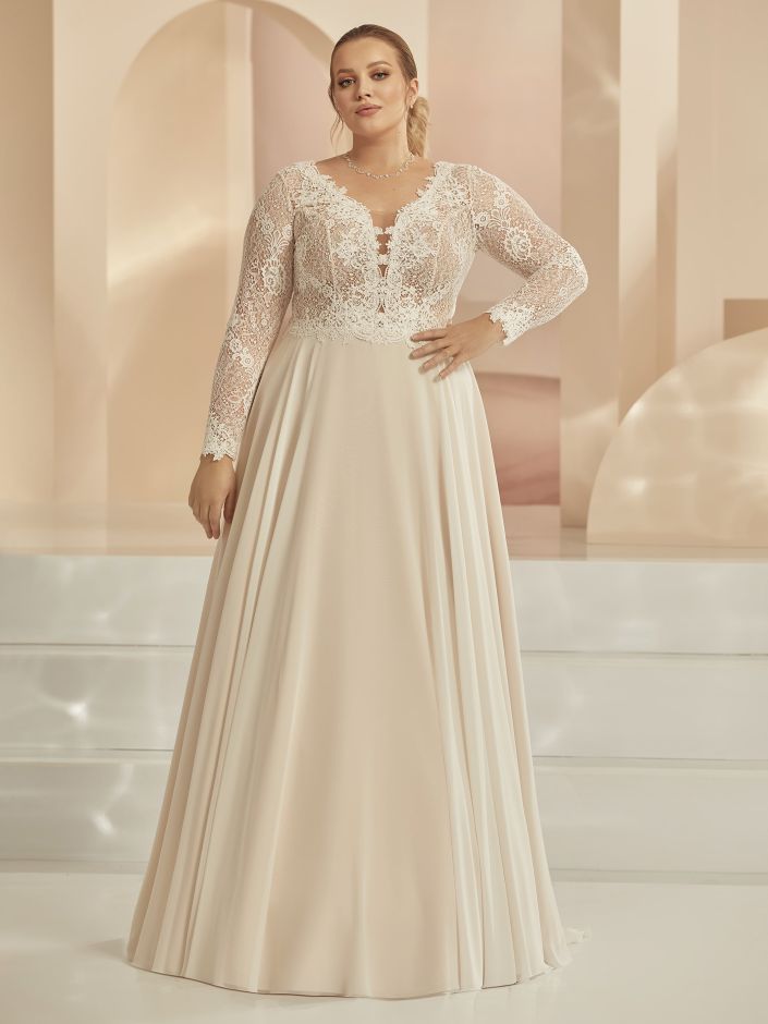 FAMOSA Artiving soon. A - line chiffon on a long sleeve lace bodice - Reflections Bridal Studio