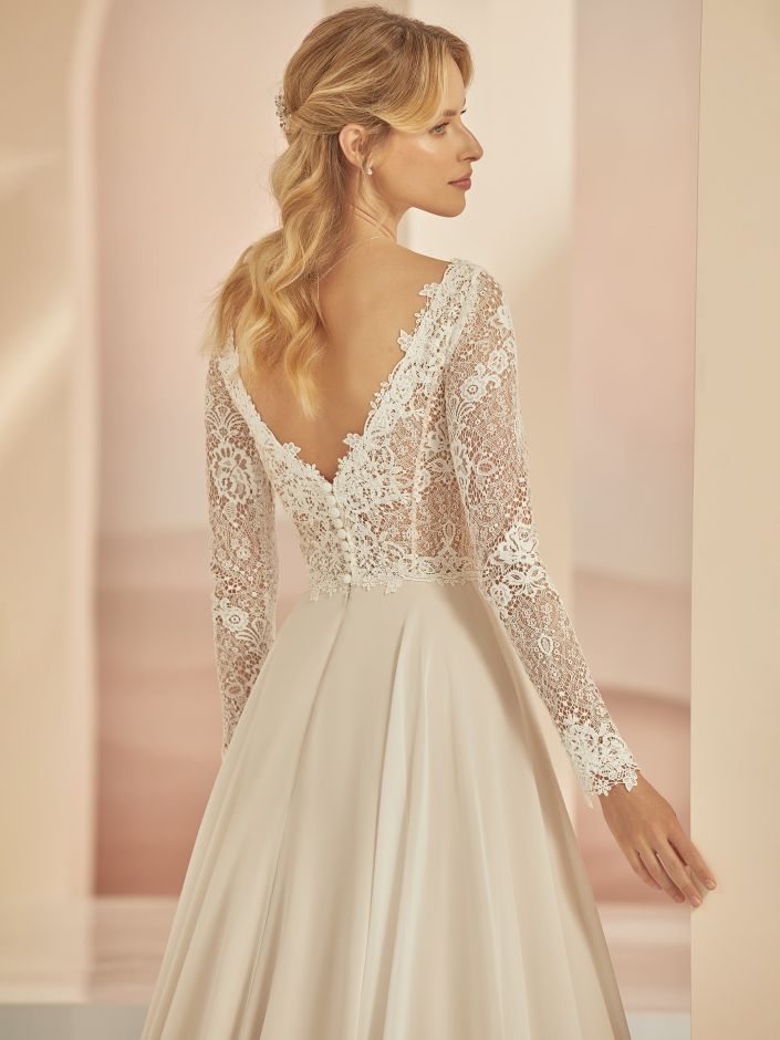 FAMOSA Artiving soon. A - line chiffon on a long sleeve lace bodice - Reflections Bridal Studio