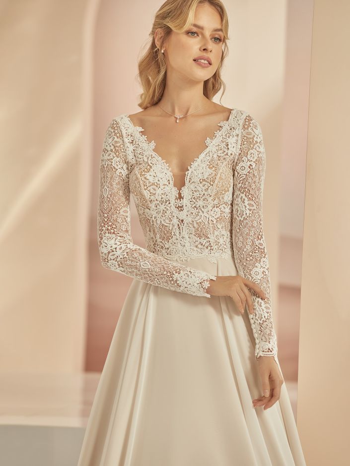 FAMOSA Artiving soon. A - line chiffon on a long sleeve lace bodice - Reflections Bridal Studio