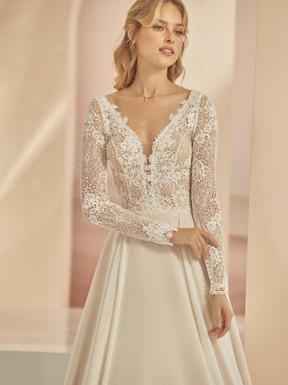 FAMOSA Artiving soon. A - line chiffon on a long sleeve lace bodice - Reflections Bridal Studio