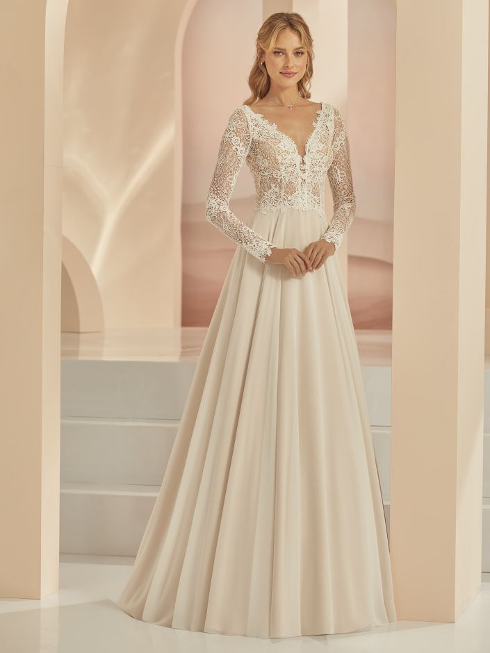 FAMOSA Artiving soon. A - line chiffon on a long sleeve lace bodice - Reflections Bridal Studio