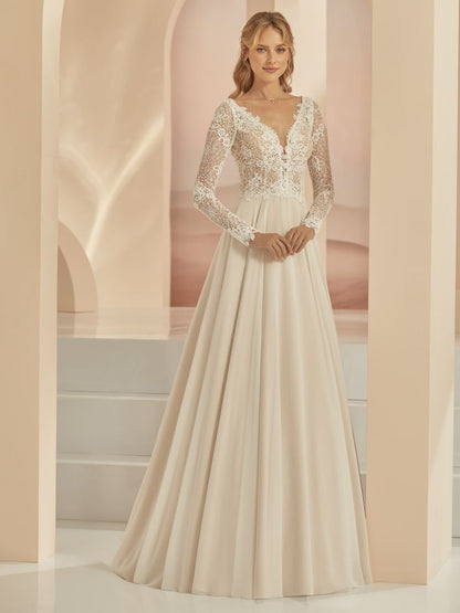 FAMOSA Artiving soon. A - line chiffon on a long sleeve lace bodice - Reflections Bridal Studio