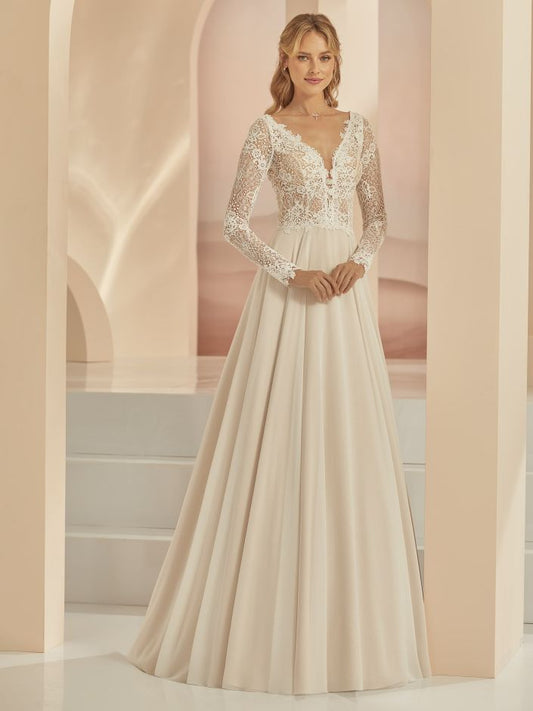 FAMOSA Artiving soon. A - line chiffon on a long sleeve lace bodice - Reflections Bridal Studio
