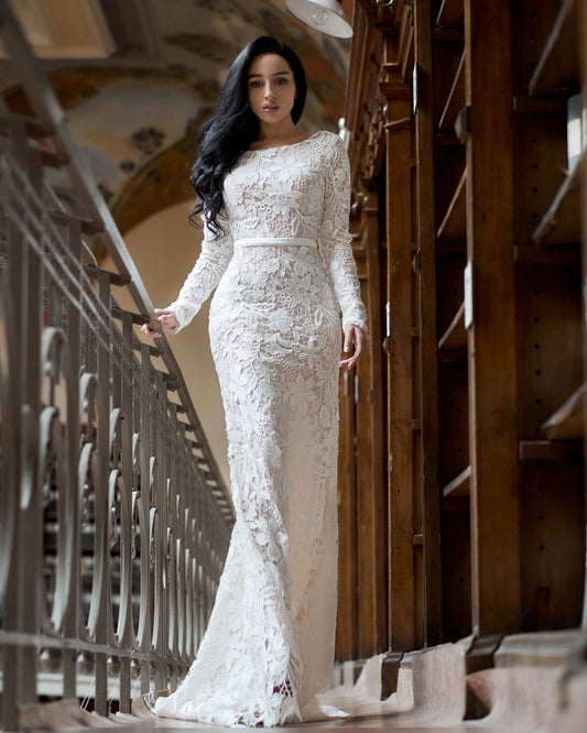 FLORA All - over lace gown with satin belt and bow - Reflections Bridal Studio