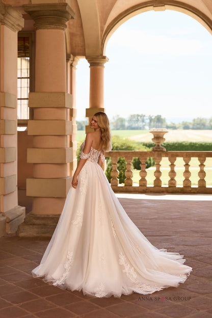 FRIBBEN Romantic off - the - shoulder A - line giwn - Reflections Bridal Studio