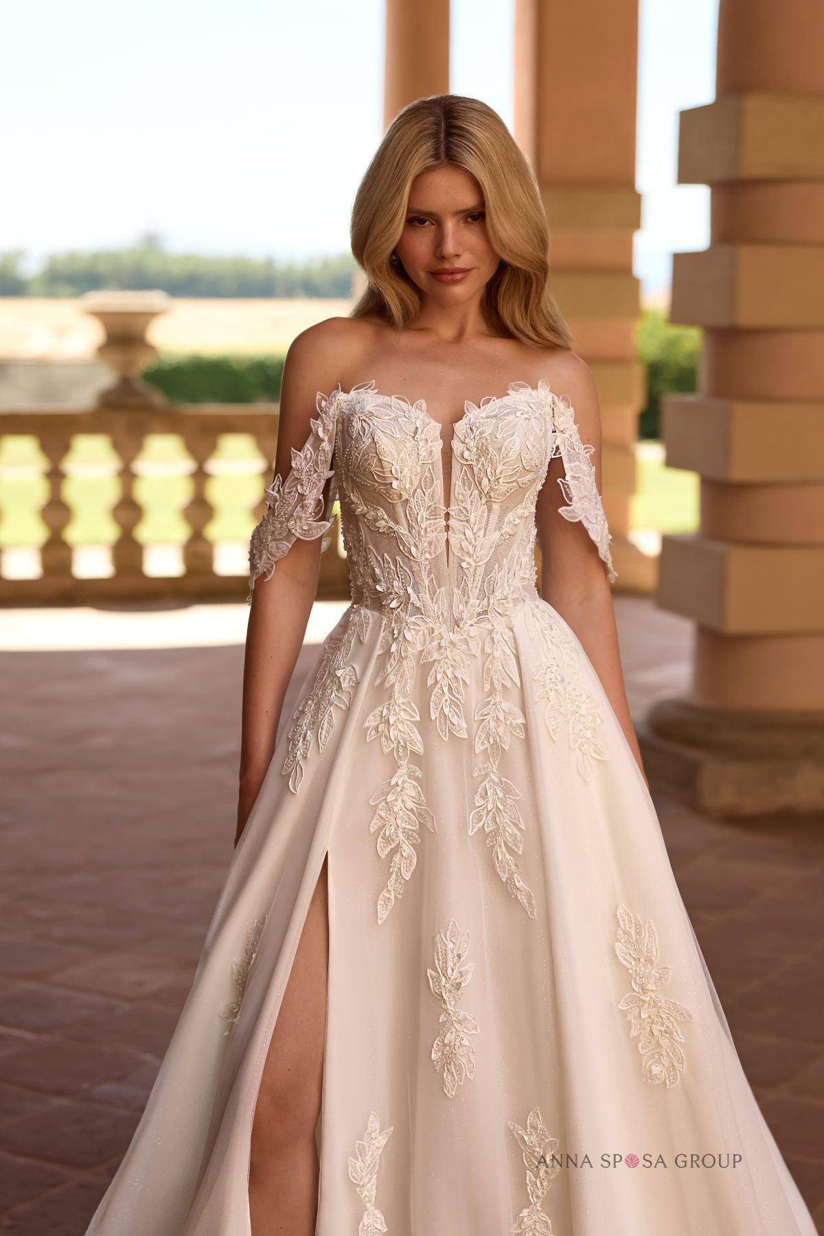 FRIBBEN Romantic off - the - shoulder A - line giwn - Reflections Bridal Studio