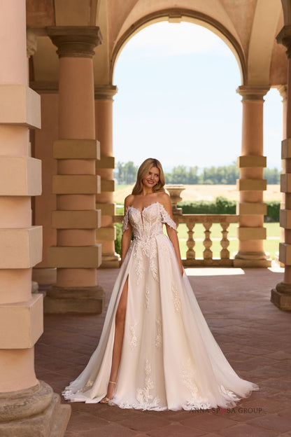 FRIBBEN Romantic off - the - shoulder A - line giwn - Reflections Bridal Studio