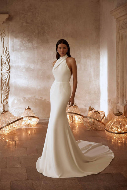 halter neck satin wedding dress Fitted with Draped Hip Think Bridal Made with high quality satin fabric KUSAI Halter Neck Satin A