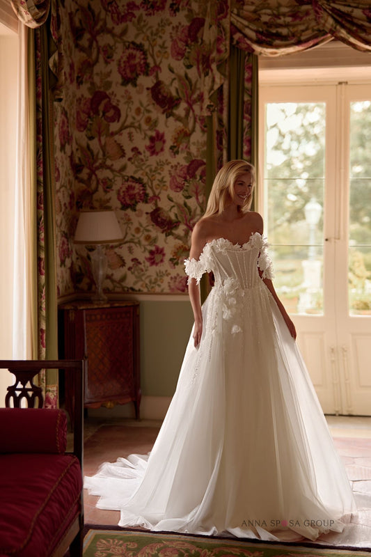 HIMENTA Beaded A - line gown with off - the - shoulder straps - Reflections Bridal Studio